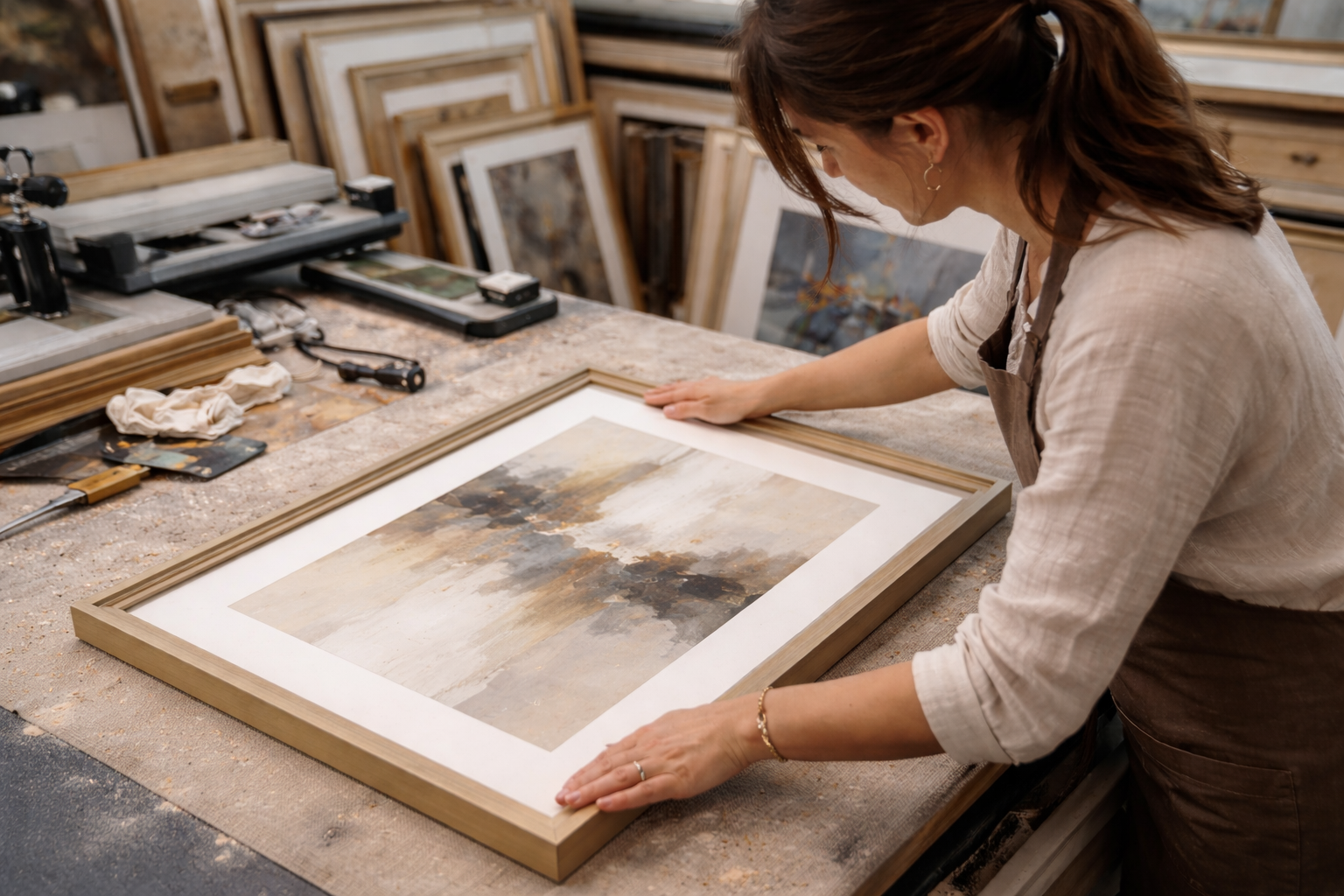 Person working on custom framing artwork in a workshop setting